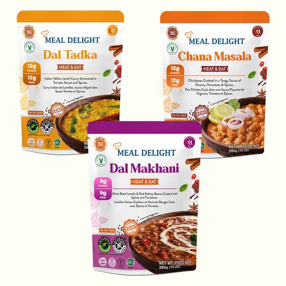 Meal Delight Ready-to-Eat Indian Variety pack, Dal Makhani, Dal Tadka & Chana Masala, 10 oz, pack of 6, Shelf-Stable, No Preservatives