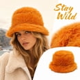 thumbnail image 3 of Bexdxz Long Pile Faux Fur Bucket Hat, Soft Fuzzy Fluffy Wide Brim Winter Fisherman Cap, Warm Outdoor Cold Weather Hat for Women Orange, 3 of 5