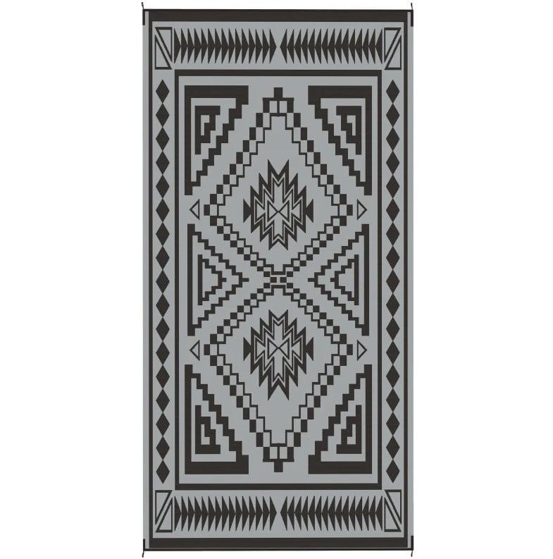 9' x 18' Black and Gray Square Patchwork Patio Rug, Reversible Waterproof Plastic Straw Outdoor Rug, Foldable Portable RV Camping Mat with Carry Bag