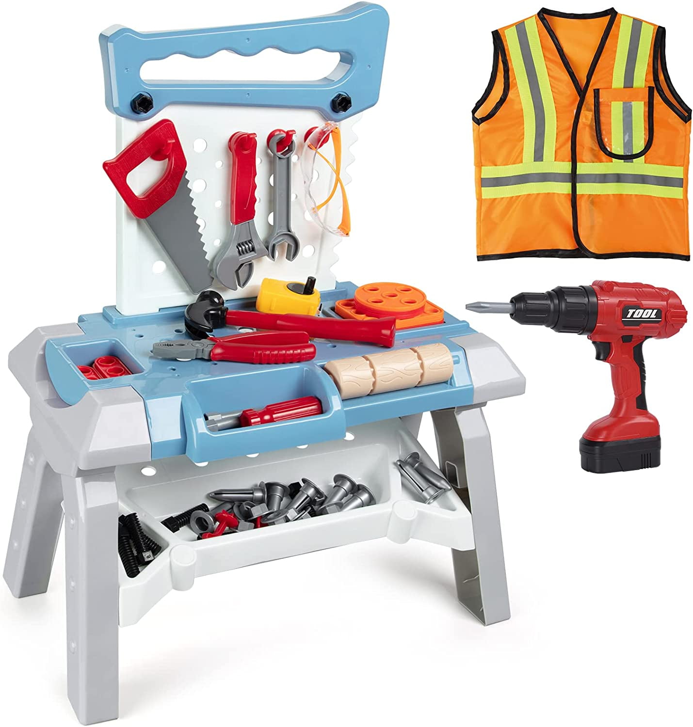 91PCS Kids Tool Bench, Kids Workbench with Electric Drill, Safety Vest