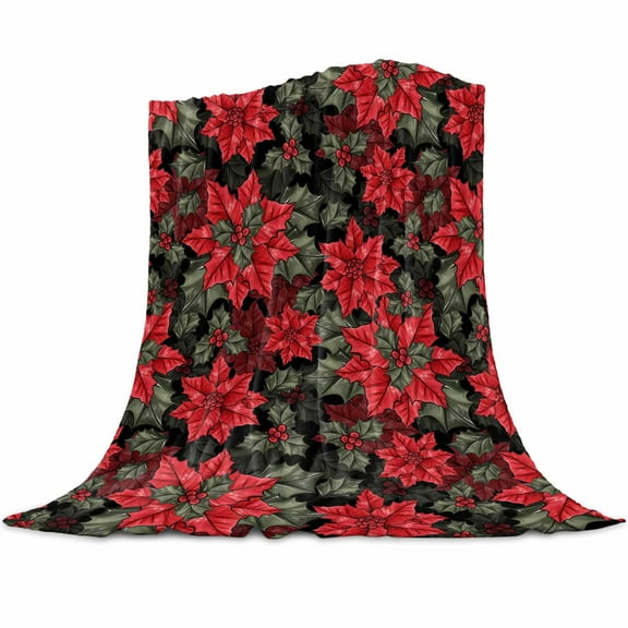 Christmas Red Flannel Blanket for Bed,Travel and Camping, Poinsettia Green Holly Leaves Black Super Soft Cozy Blanket for All Seasons 30"x40"