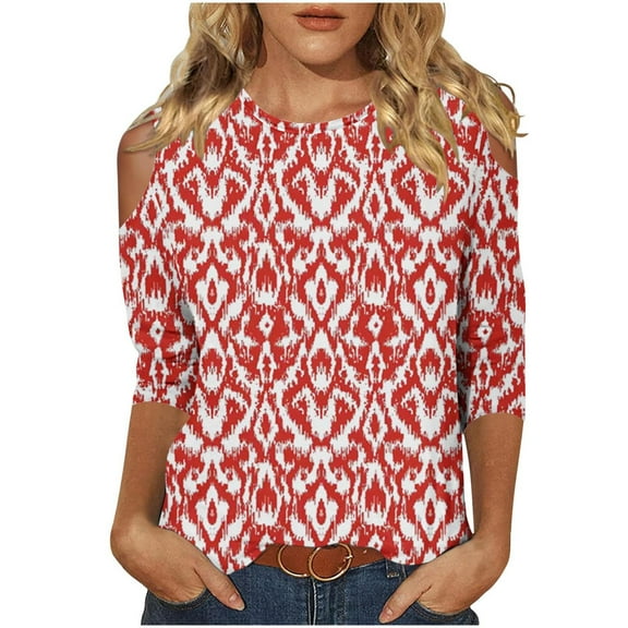 MaFYtyTPR Women's Fashion Printed T-shirt 3/4 Sleeves Blouse Round Neck Casual Tops Womens Comfortable and Casual for Women Red XL