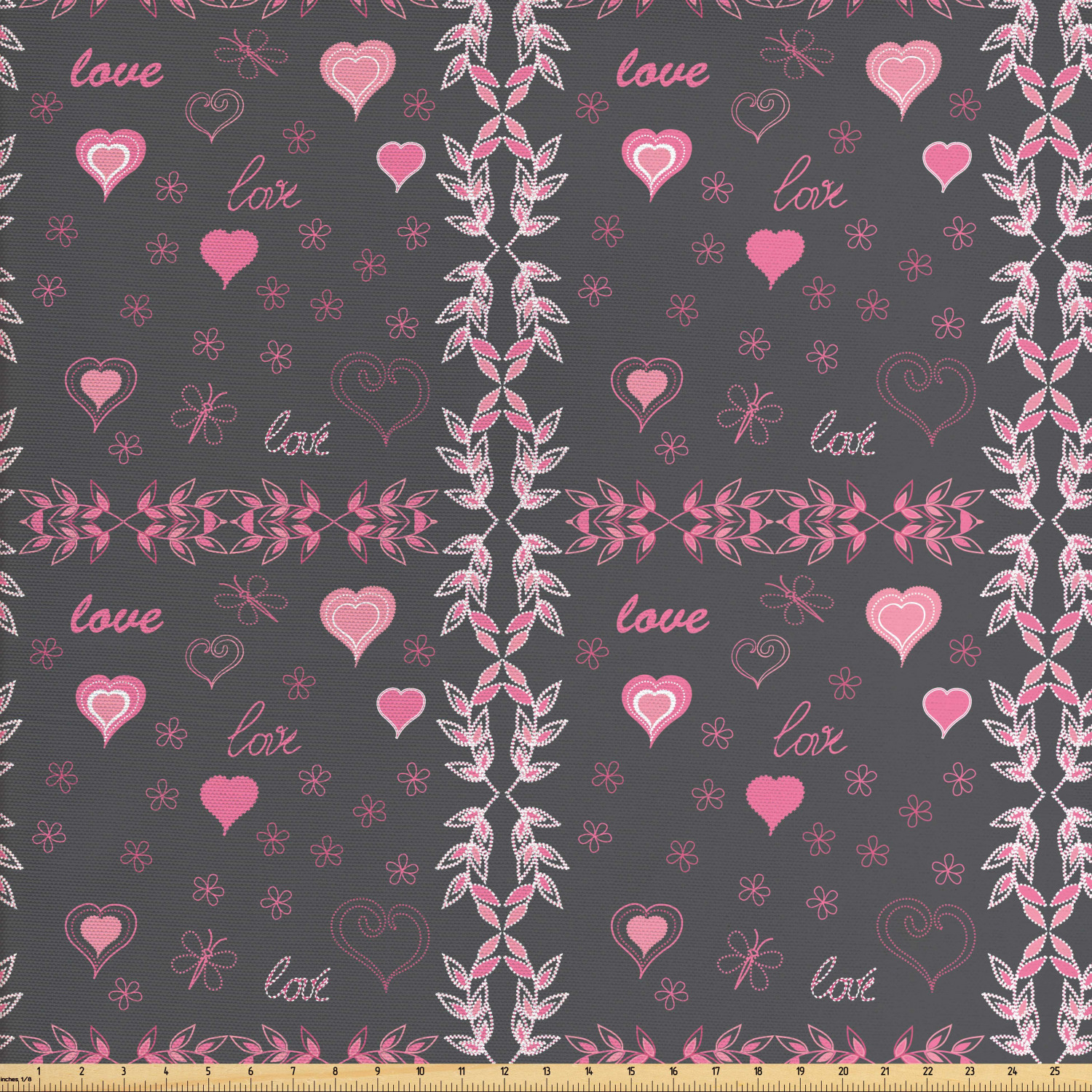 Pink and Grey Fabric by The Yard, Spring Butterflies Flower Leaves