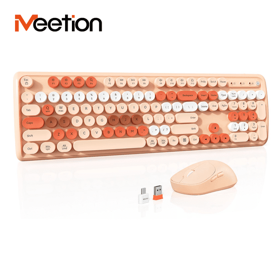 MEETION Creamy Wireless Keyboard and Mouse Combo, Cute Round Keycaps, 2.4G Plug & Play, Full-Size Quiet Set for Girls