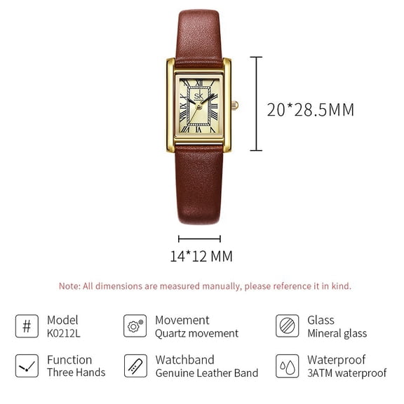 Vintage Square Ladies Watch - Leather Strap, Roman Numerals, Stylish Waterproof Elegant Women's Quartz Watch
