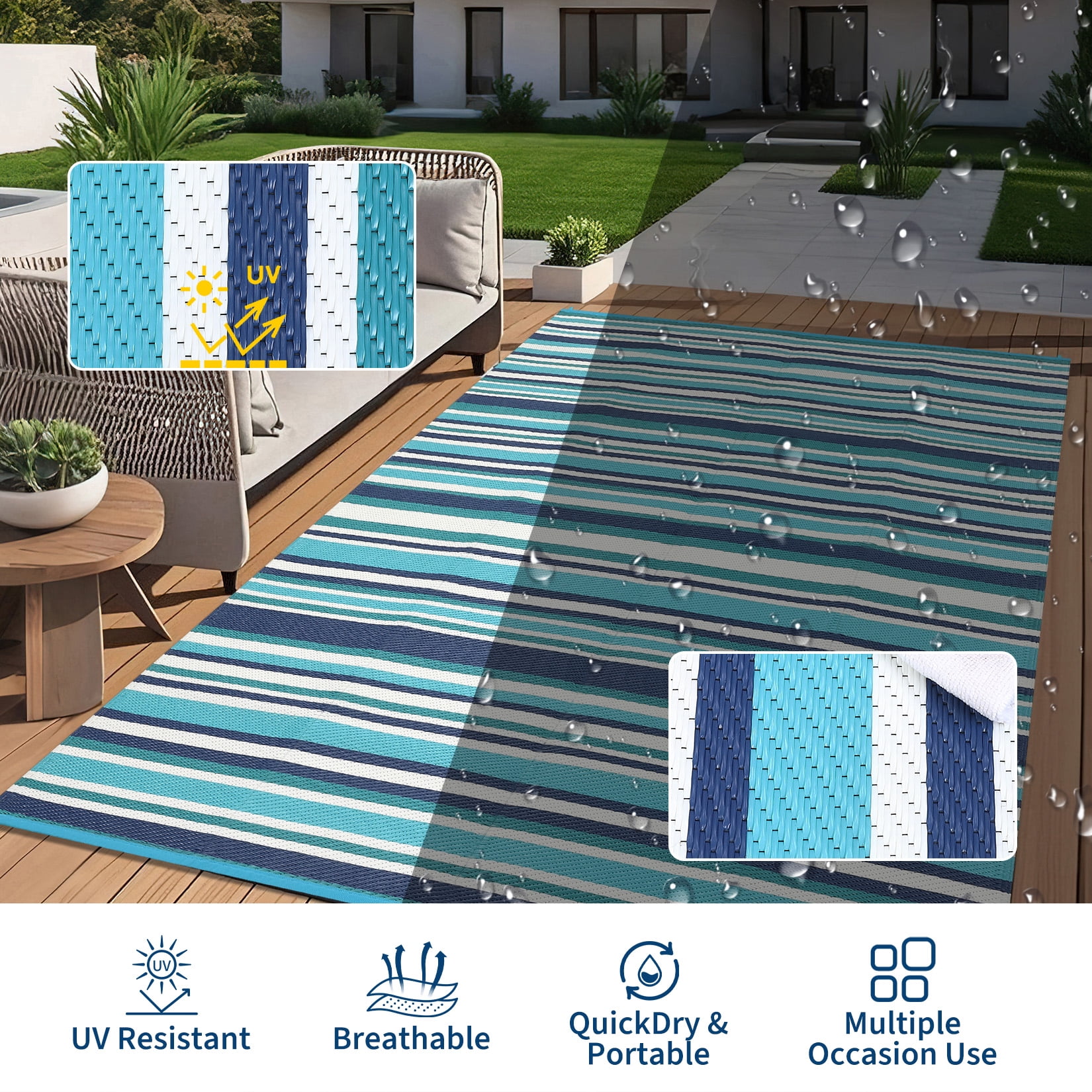 HIWEAVER 9' x 12' Light Blue Outdoor Rug PP Plastic Straw Woven Waterproof Patio Rug with Border Portable Outside Carpet for Balcony Deck Picnic Garden Decor