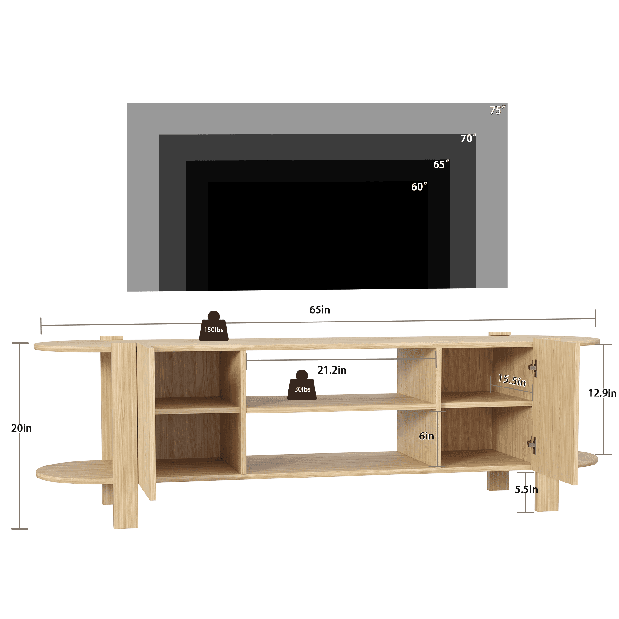 ZOSQUARE 65 Inch TV Stand for TVs up to 75", Wood Entertainment Center with Fluted Doors and Open Shelves, Wood TV Console with Rounded Edges for Living Room