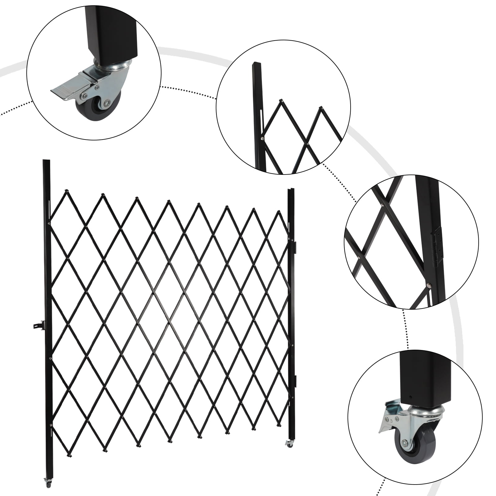 Fichiouy Folding Security Gate Retractable Gate with 360° Rolling Wheels Wall Mount Scissor Gate with Padlock for Garage Storefronts Parking Lots