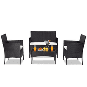 4PCS Outdoor Patio Bistro Furniture Set, All-Weather Rattan Chair Set, Conversation Furniture Sets, Cushioned Seat & Glass Table, Bistro Table Set for Porch Garden Poolside Balcony, T1631