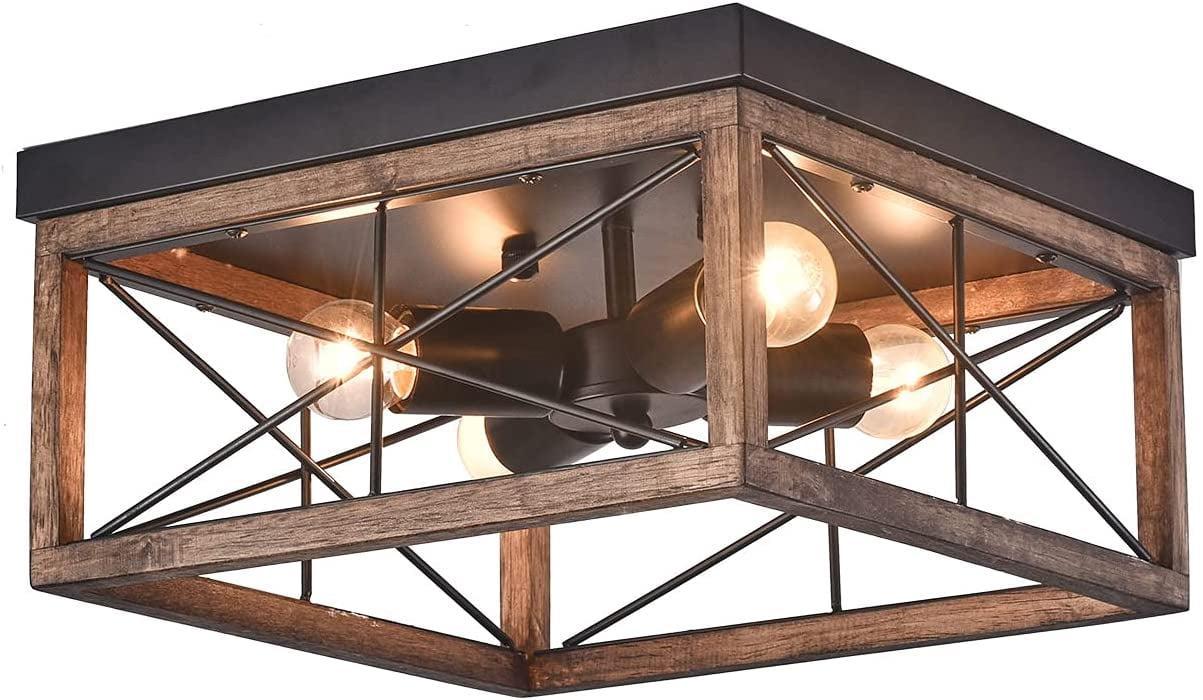 FETCOI 4-Light Farmhouse Flush Mount Ceiling Light, 12-inch Square Industrial Vintage Ceiling Light Fixtures for Kitchen Living Room Bedroom Hallway Laundry Entryway