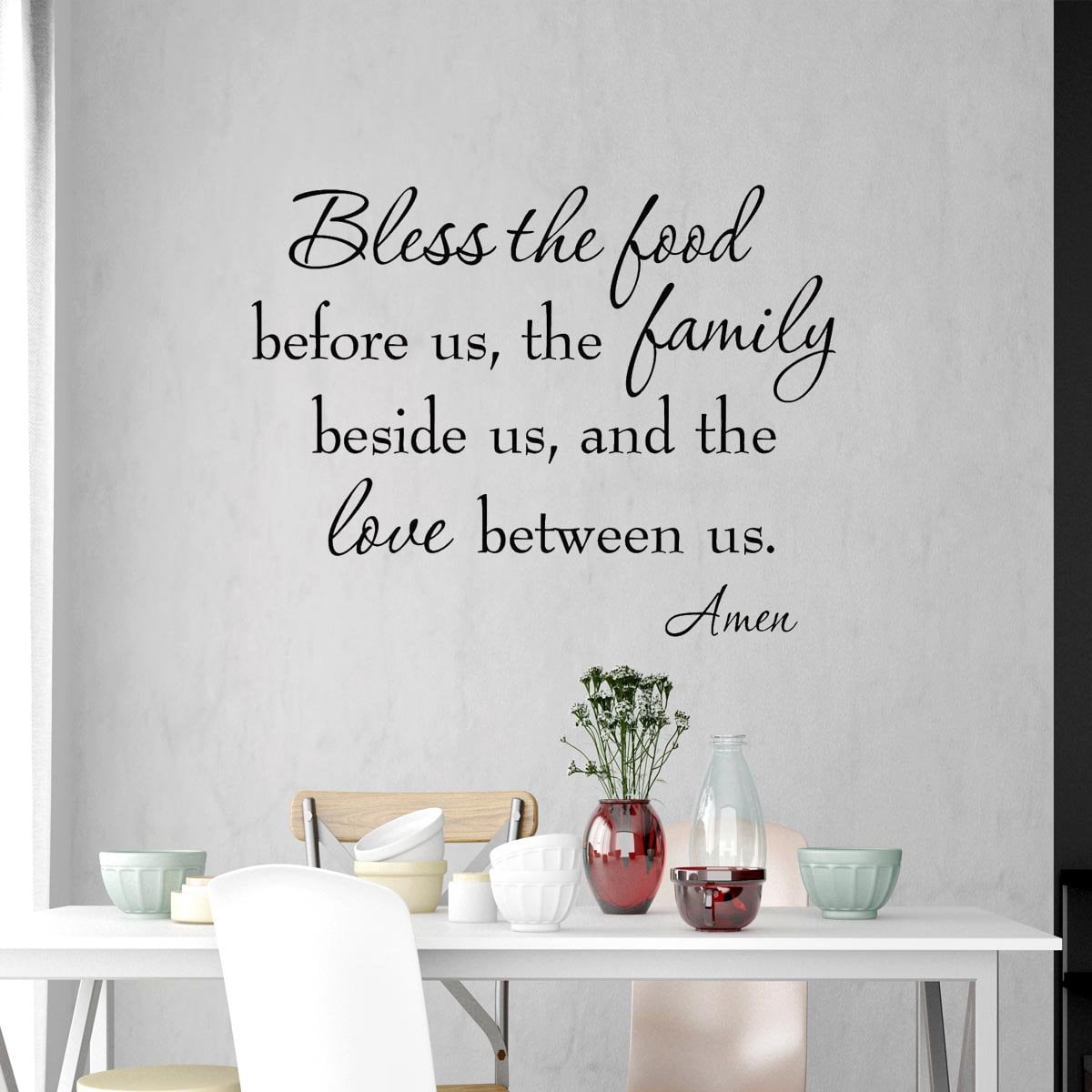 VWAQ Bless the Food Before Us the Family Beside Us and the Love Between Us Inspirational Matte Black Vinyl Wall Decal Quote (16.5'H x 22'W)