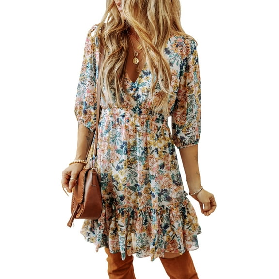 Women's Sky Blue Floral 3/4 Sleeve V Neck High Waist Ruffled Dress