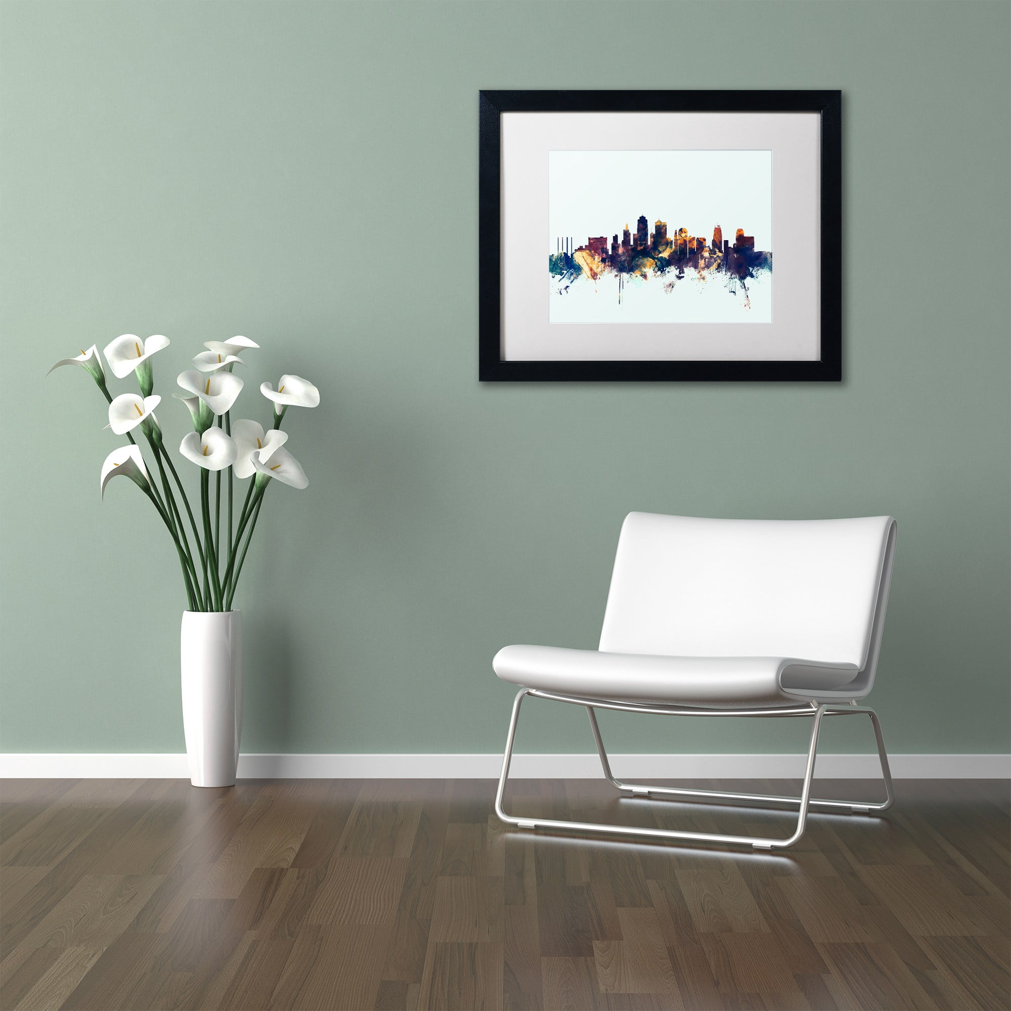 Trademark Fine Art "Kansas City Skyline Blue" Canvas Art by Michael Tompsett, White Matte, Black Frame