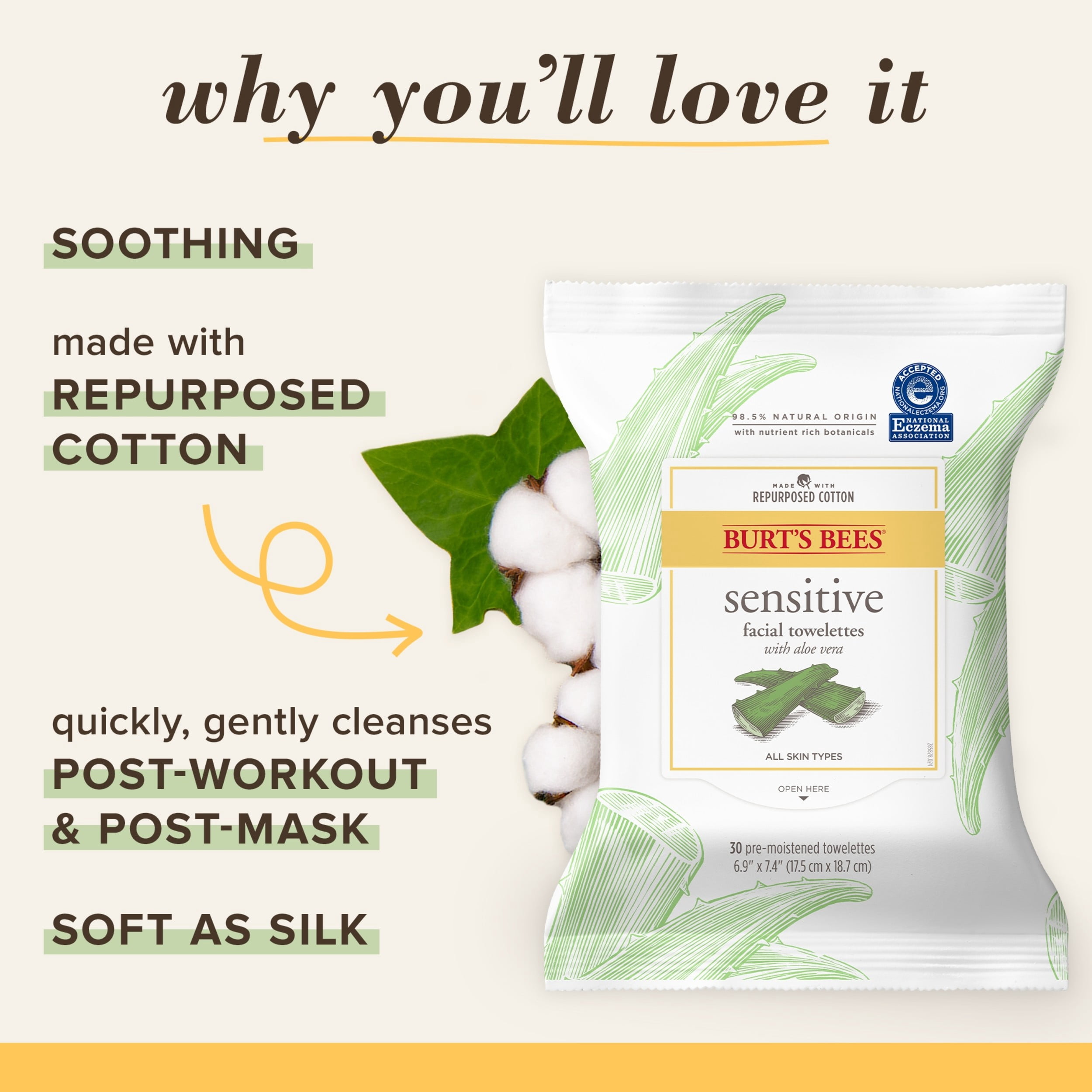 Burts Bees Sensitive Facial Cleanser Wipes, Aloe Extract, 36 ct