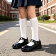 thumbnail image 2 of FINALGANG Kids Girls Adjustable Strap Scalloped Glossy Mary Jane Shoes Soft Flat Sole Formal School Uniform Dress Leather Shoes Lovely Shoes 6-7 Years, 2 of 5