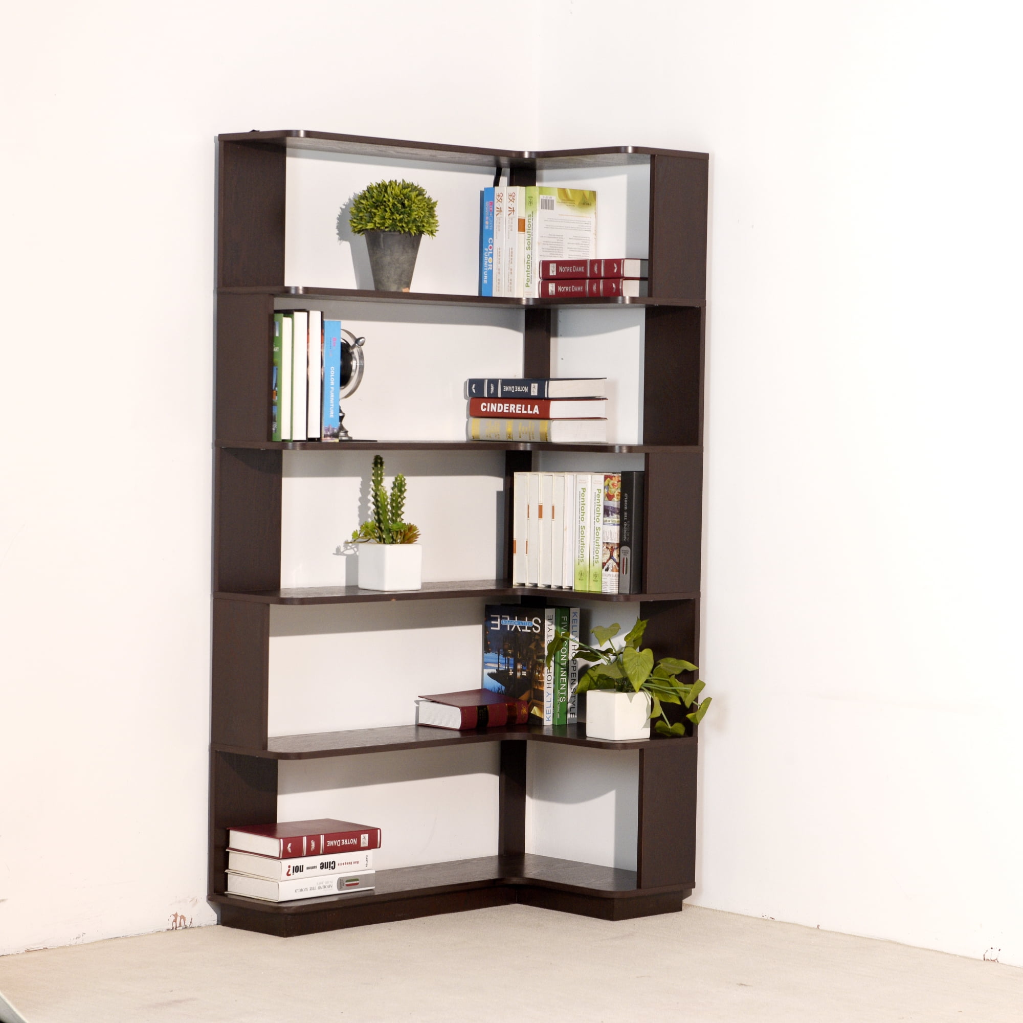 Leumius 5 Tier Freestanding Bookshelf,Wooden L-Shaped Corner Bookcase with Anti-drop Panel and Anti Tipping Device, Display shelf Open Storage,Ox Blood Red