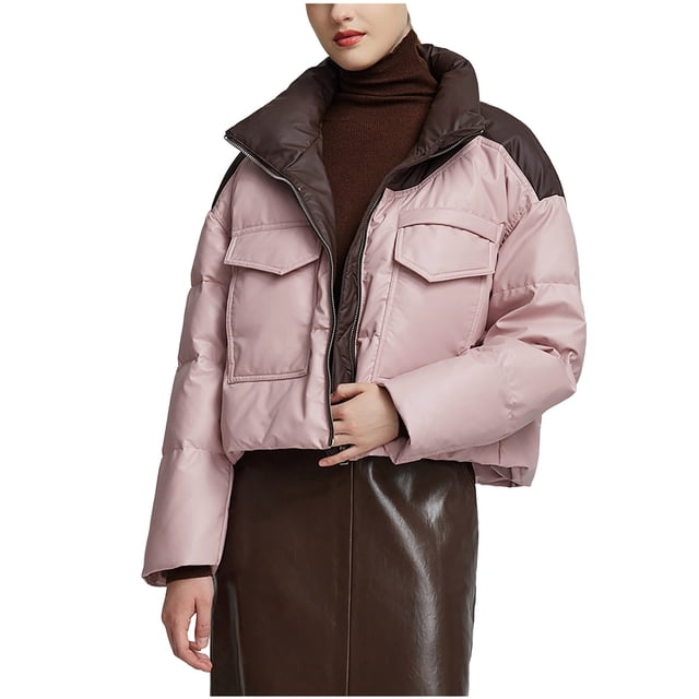 Besolor Womens Cropped Puffer Jacket Winter Warm Lapel Color Block Long Sleeve Coat Trendy Button down Casual Outwear