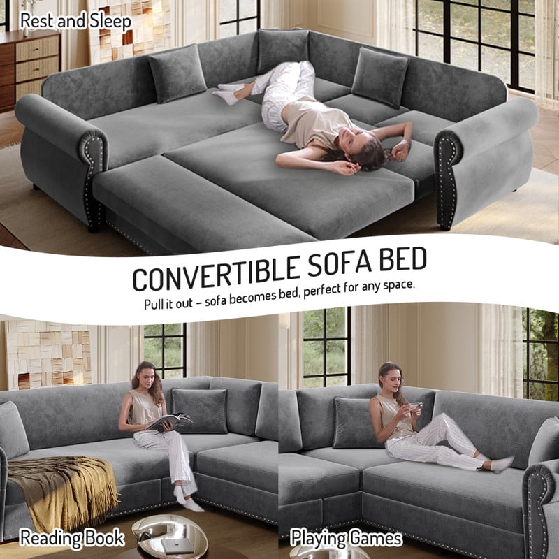 88.2" Sectional Sleeper Sofa with Pull Out Bed, Convertible Sleeper Couch with Nailhead Trim, 5-Seat Sectional Sofa Chenille Couch for Living Room Apartment