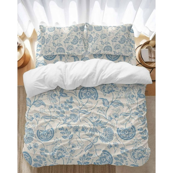 Farmhouse Light Blue Floral Bedding Duvet Cover Set Full Size 4 Pieces Linen Boho Paisley Flower Rustic Bedding Set with Zipper Closure, 1 Comforter Cover 86x86 Inches 1 Flat Sheet & 2 Pillow Cases