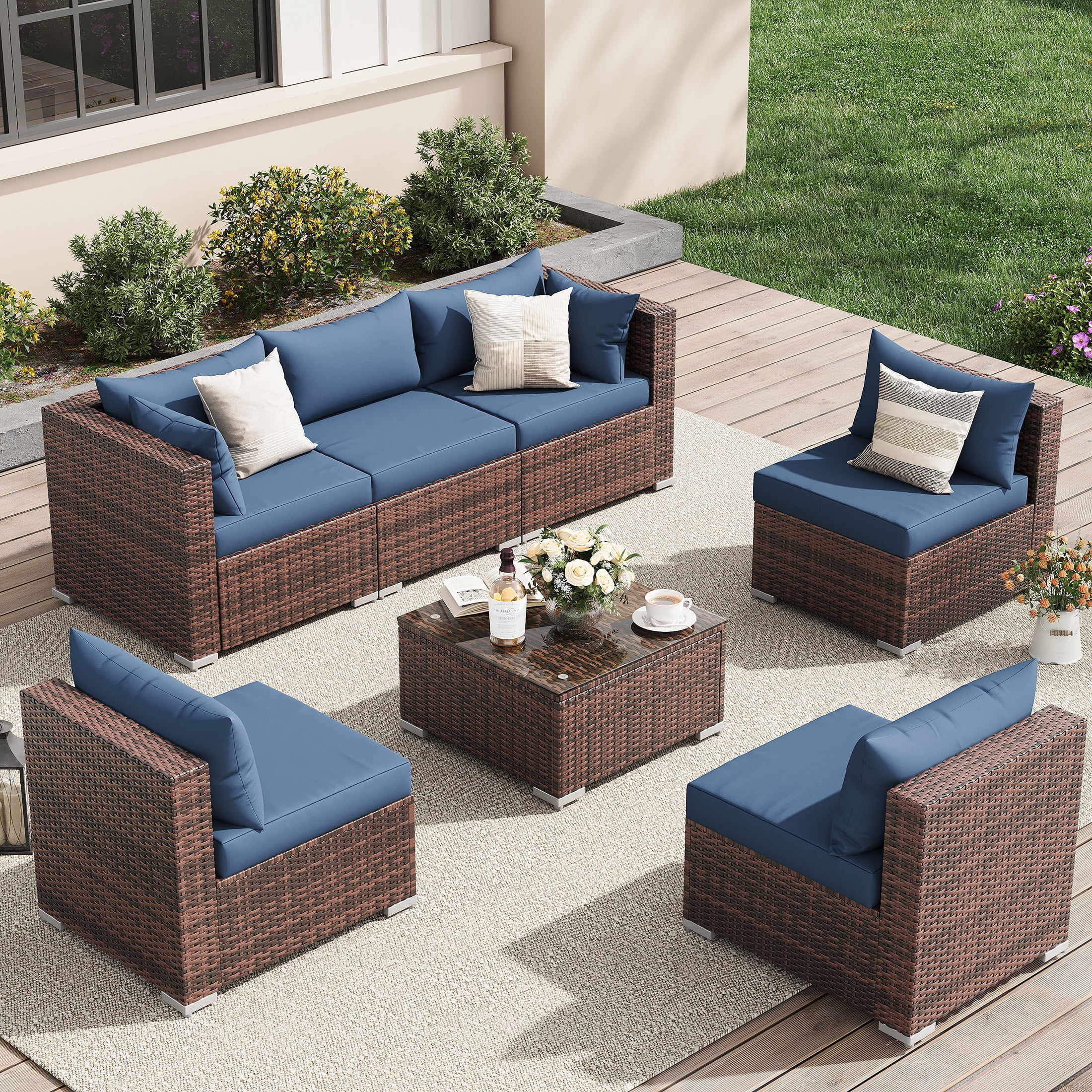 UDPATIO 7-Piece Wicker Modular Sectional Outdoor Conversation Sets with Glass Coffee Table, Blue