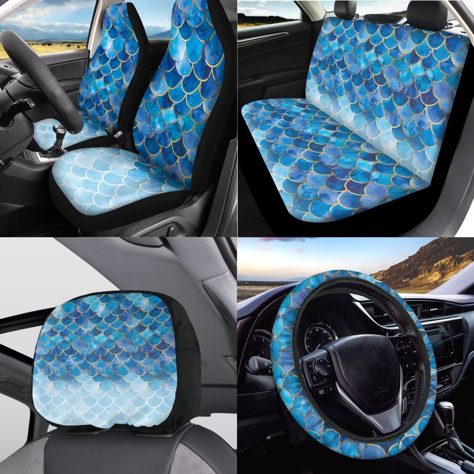 Garronmavis Blue Fish scale Car Assecories, Include Steering Wheel Cover Gear Shift Cover Handbrake Cover Headrest Cover Cup Coasters for Women Men Car Interior Decor for Sedan SUV Truck