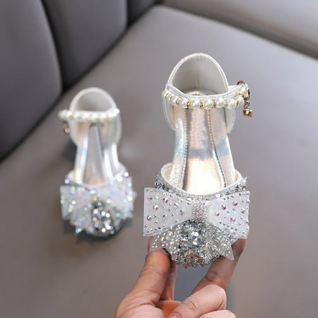 GUOBIOZIY Toddler Girls Flats Mary Jane Flower Girl Dress Shoes School Wedding Party Shoes (Silver 3-3.5Y )