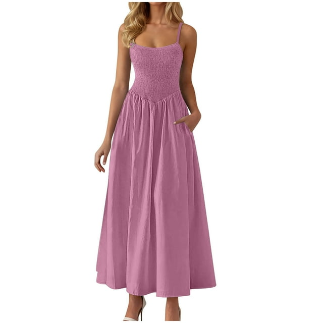 Amzcrzy Robes pour Femmes Couleur Unie Bretelles Spaghetti Robe d'Été Décontractée Col Rond Sans Manches Robes Soleil pour Femmes Tendance à Étages Fluide Robes Maxi avec Poches
