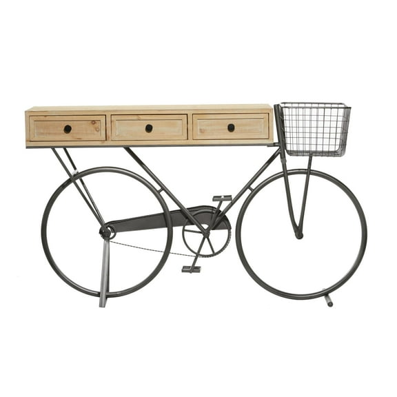 DecMode 58" x 34" Black Metal Bike 3 Drawer Console Table with Brown Wood Top, 1-Piece