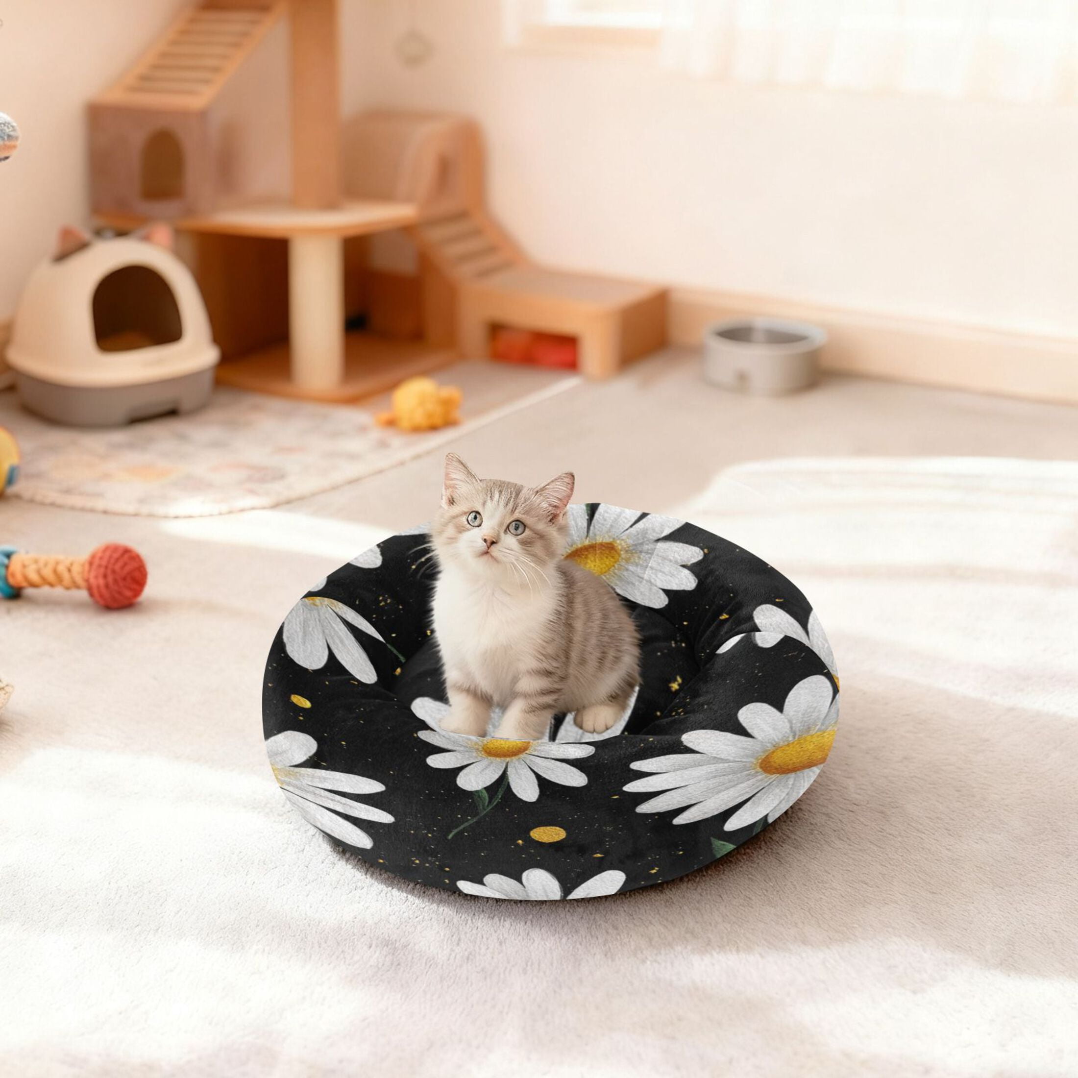 Iauyy Pet Couch Donut Cat Bed for Indoor Cats/Small Dogs Washable & Machine with Non-slip Bottom Calming Cat Furniture, The Artistic Daisy (M)