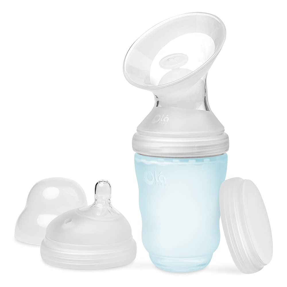 Olababy Manual Breast Pump + Baby Bottle (8oz,Sky) - Breast Milk Catcher + Silicone Bottle & Storage Lid | Breastmilk Collector | Breastfeeding & Newborn Essentials | New Mom Gift for Pregnant Women