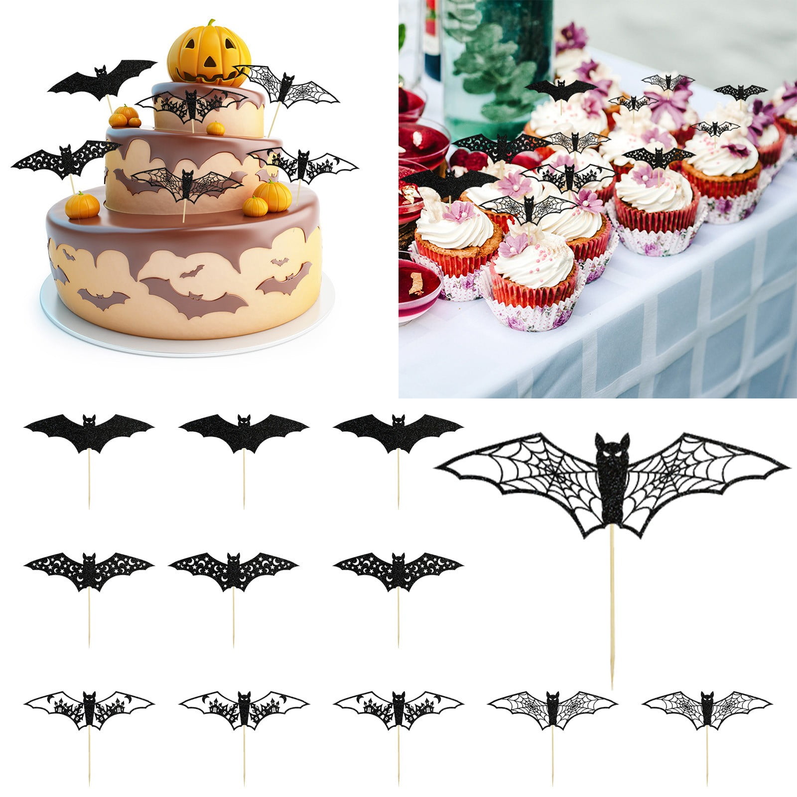 Gyufise Lot De 24 Décorations De Cupcakes Chauve-souris D'Halloween à Paillettes Noires Pour Halloween, Fête Prénatale, Fête D'anniversaire D'enfants, Décorations De Gâteaux