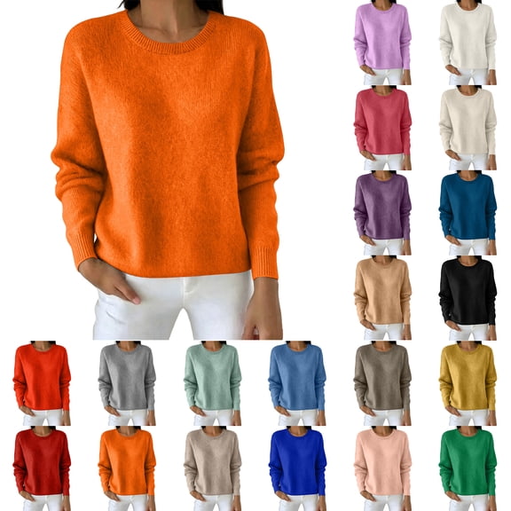 Sweater Tops for Women Zaewscy Women Winter Solid Crew Neck Long Sleeve Straight Pullover Top Orange S