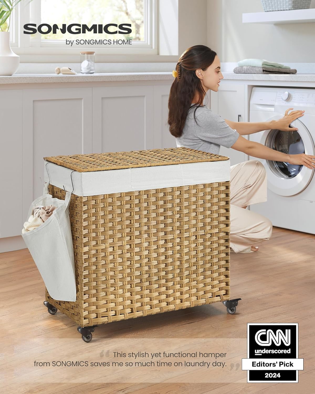 Laundry Hamper with Lid, 37 Gallons Rolling Laundry Basket with Wheels, 3-Section Synthetic Rattan Bedroom, 26 x 13 x 26 Inches, Natural