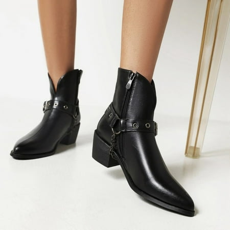 

YOTAMI Womens Boots Thick Heel Winter Belt Buckle Metal Chain Side Zipper Ankle Boots Workwear Black 6.5