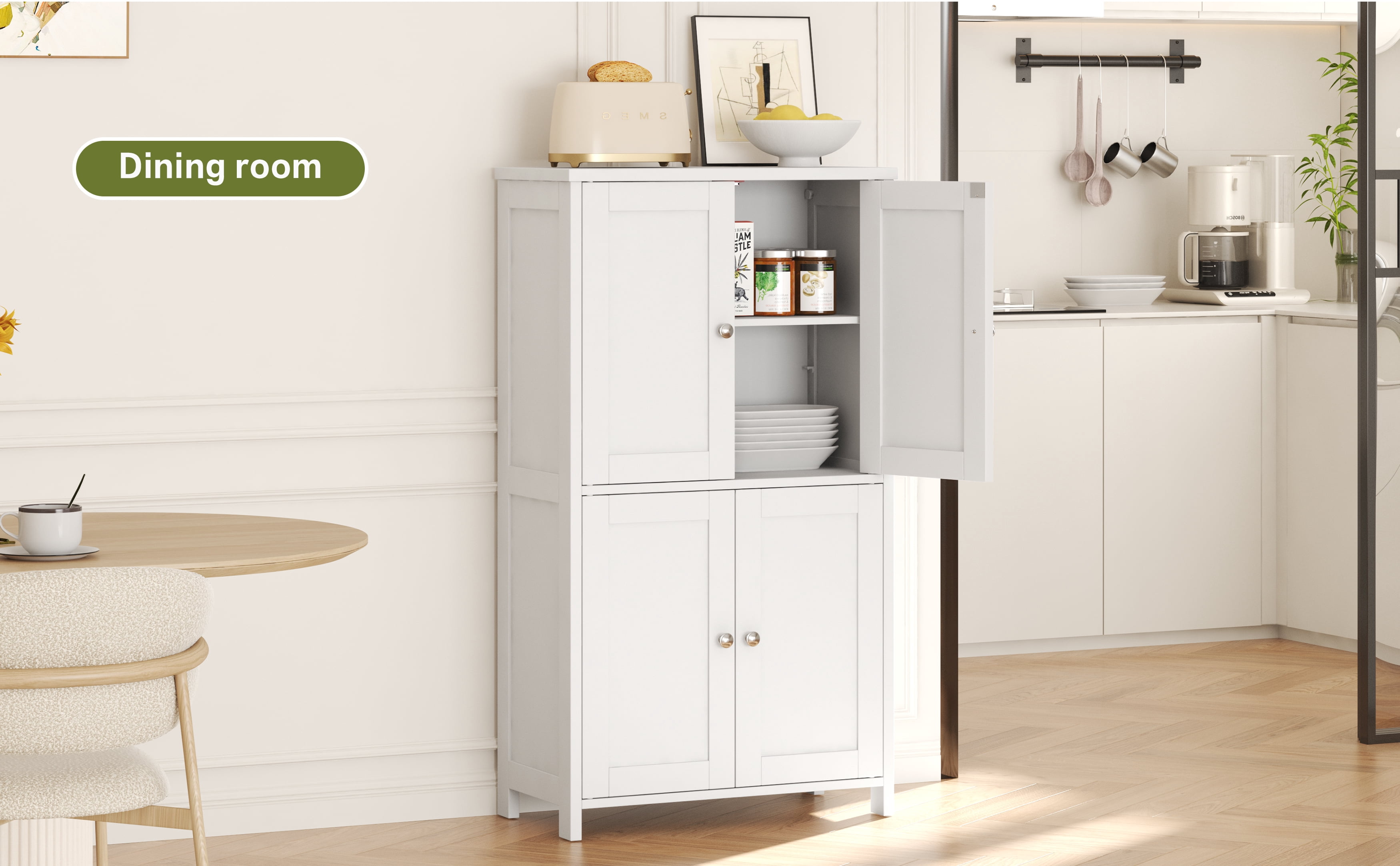 Walsunny Freestanding Bathroom Floor Storage Adjustable Shelf with 4 Doors 43" Wooden Pantry Cabinet for Kitchen Small Spaces，White