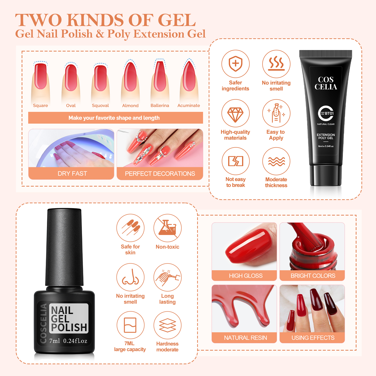 COSCELIA Gel Nail Polish Kit with U V Light 20pc Gel Polish 3pc Poly Nail Gel Glitter Decoration Powders Nail Stickers Gift for Women