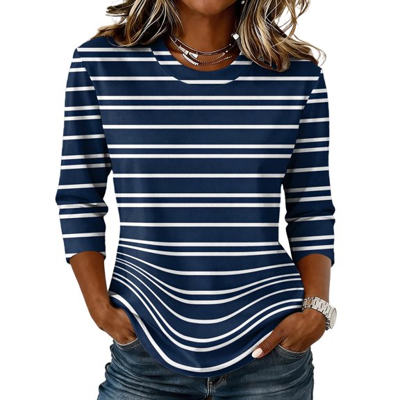 JULMCOMO Shirts for Women Striped Crew Neck 3/4 Sleeve Casual Loose Fit T Shirts Color Block Comfy Trendy Summer Tops Dark Blue S