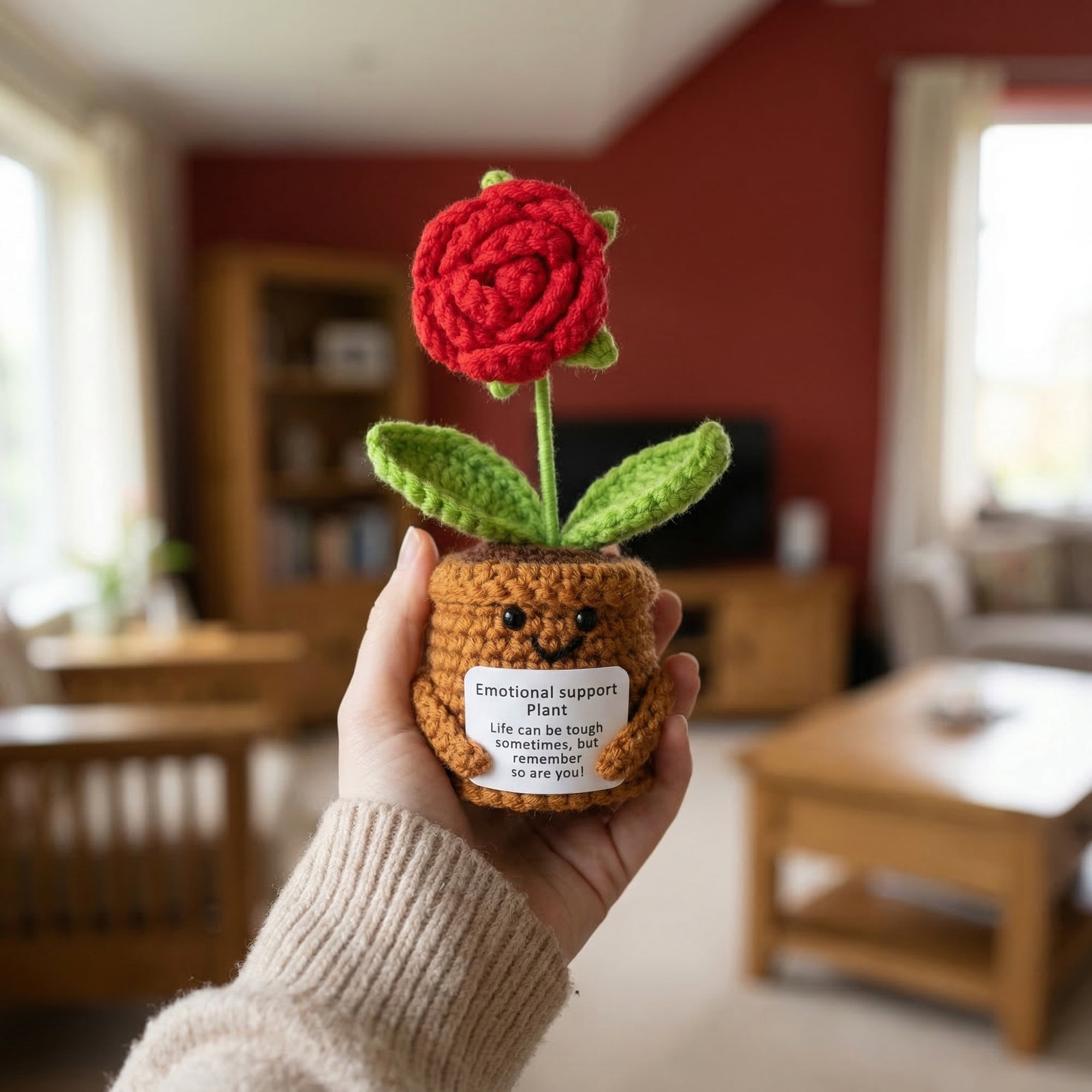 Unique Bargains 2Pcs Handmade Crochet Potted Knitted Plant Dashboard Red Rose 4.3 in