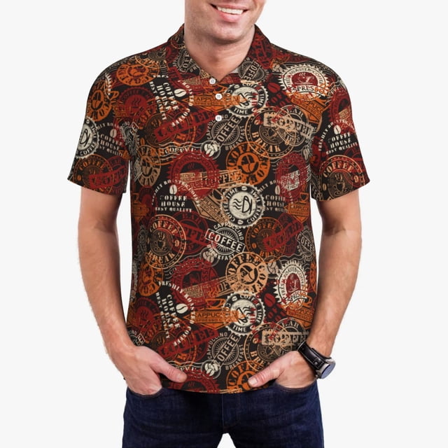 Balery Coffee Stamp Camisa Polo de Hombre con Estampado, de Manga Corta y Tejido Medio, Camisa Tipo Golf Polo-X-Large