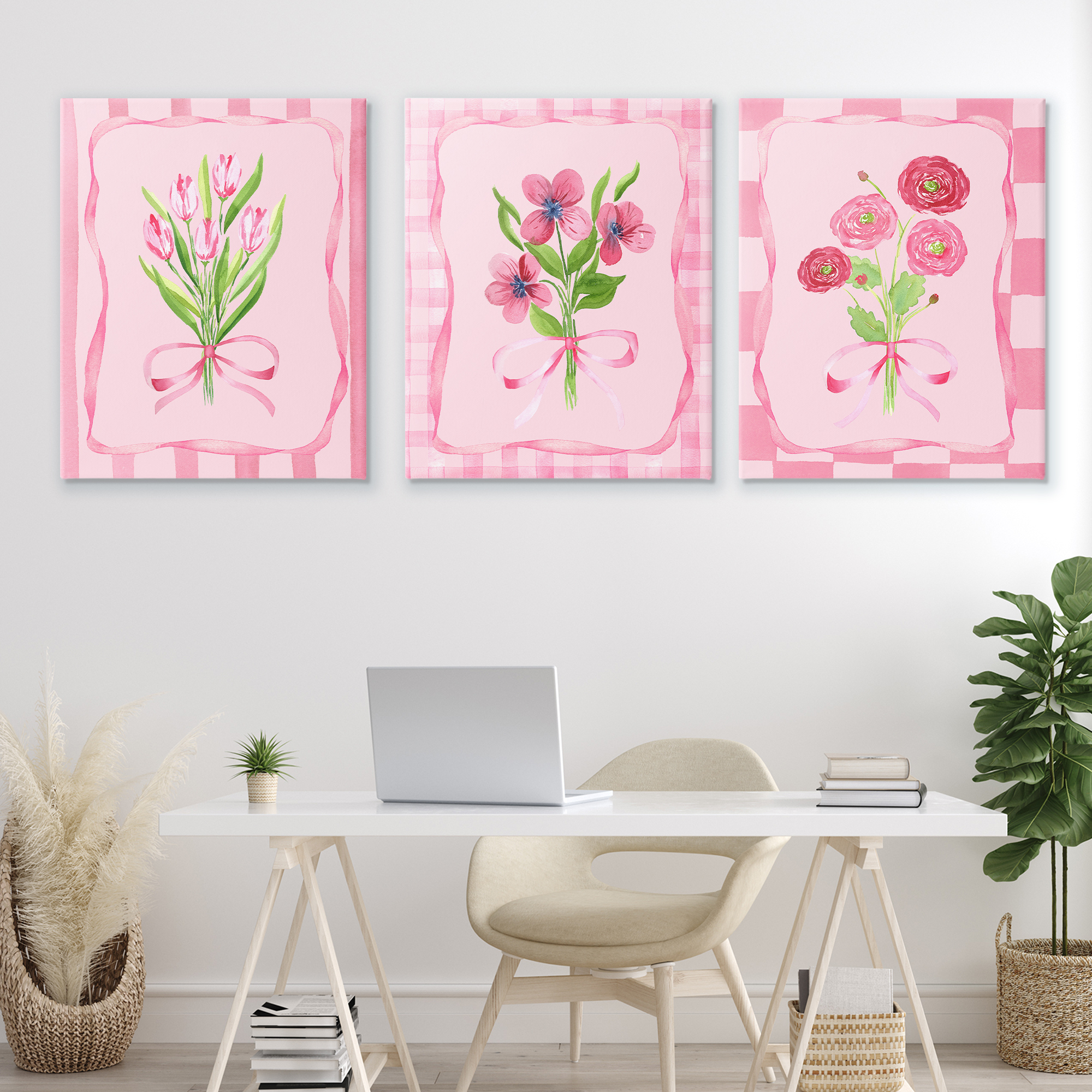 Pretty & Sweet Bordered Flowers 3 Piece Canvas Wall Art Set, design by Nina Jacobs