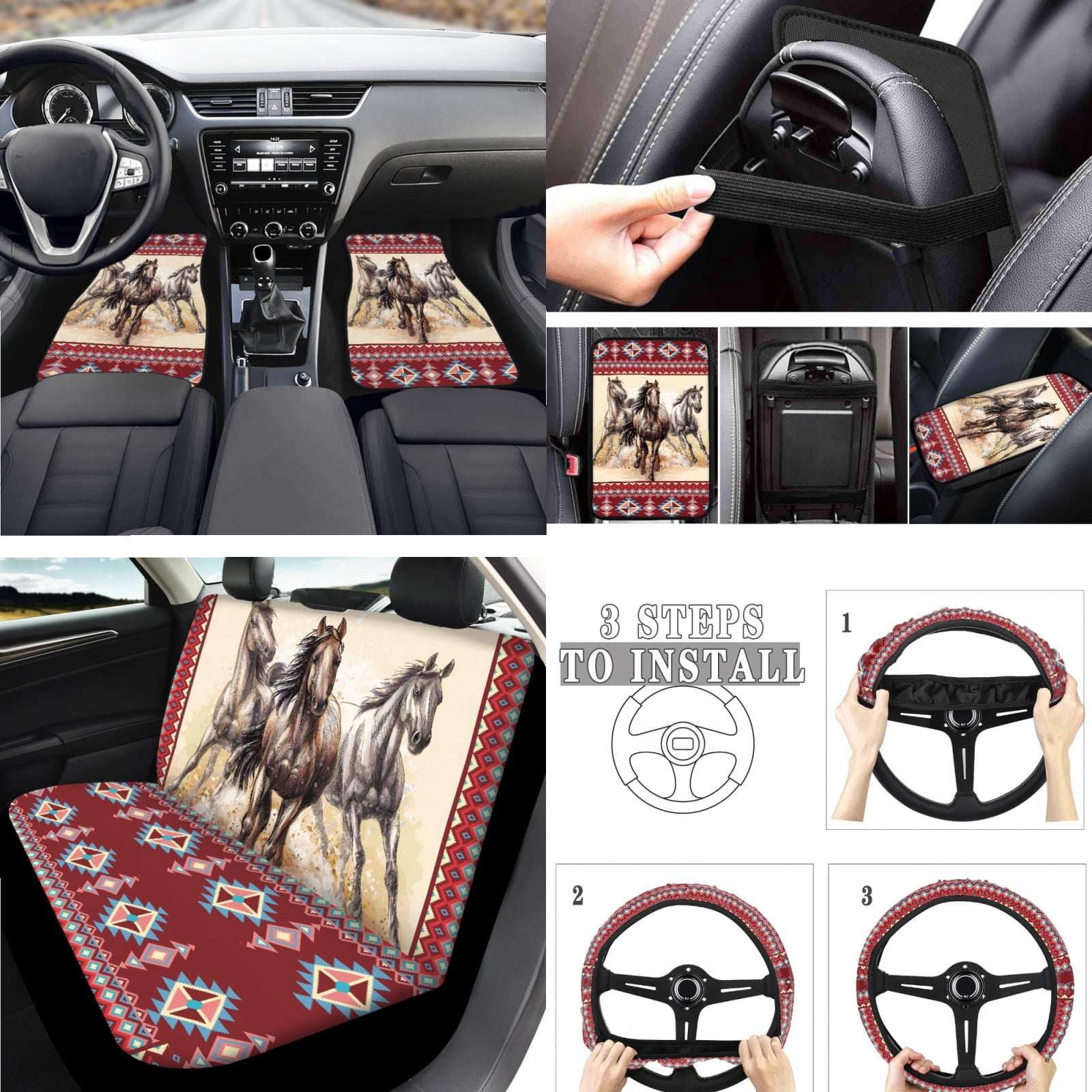 Jeiento Aztec Automotive Seat Covers Full Set of 17 Car Front Rear Seat Covers Floor Mats Car Steering Wheel Cover African Tribal Horse Armrest Cover Coasters Keychains for SUV Van Truck Sedan