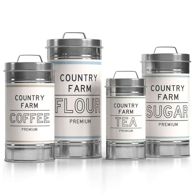 Barnyard Designs Metal Canister Sets for Kitchen Counter Vintage Kitchen Canisters, Country Rustic Farmhouse Decor for the Kitchen, Coffee Tea Sugar Flour Farmhouse Kitchen Decor, Set of 4