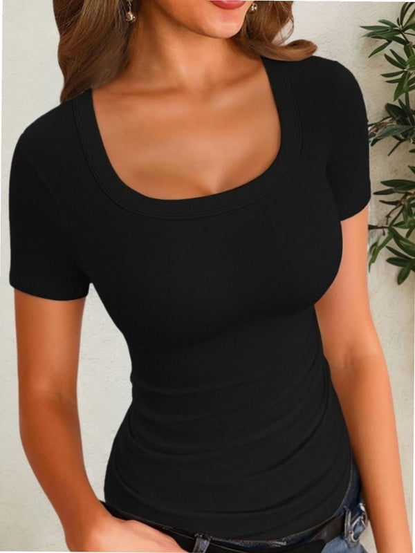 Areecin Women’s Cutout Ribbed Knit Top — Short Sleeve, Slim Fit, Polyester Spandex, Casual & Sexy