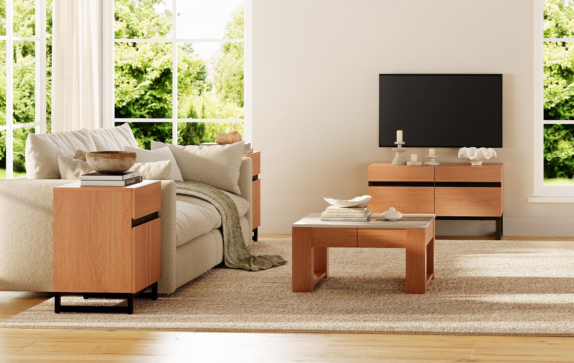 Modern 3-Piece Living Room Set, 35 Inch TV Stand And 2 End Table Sets With Drawers, Media Console with Storage Shelves, Sturdy Wood Frame & Metal Legs, Contemporary Furniture for Living Room,Mocha