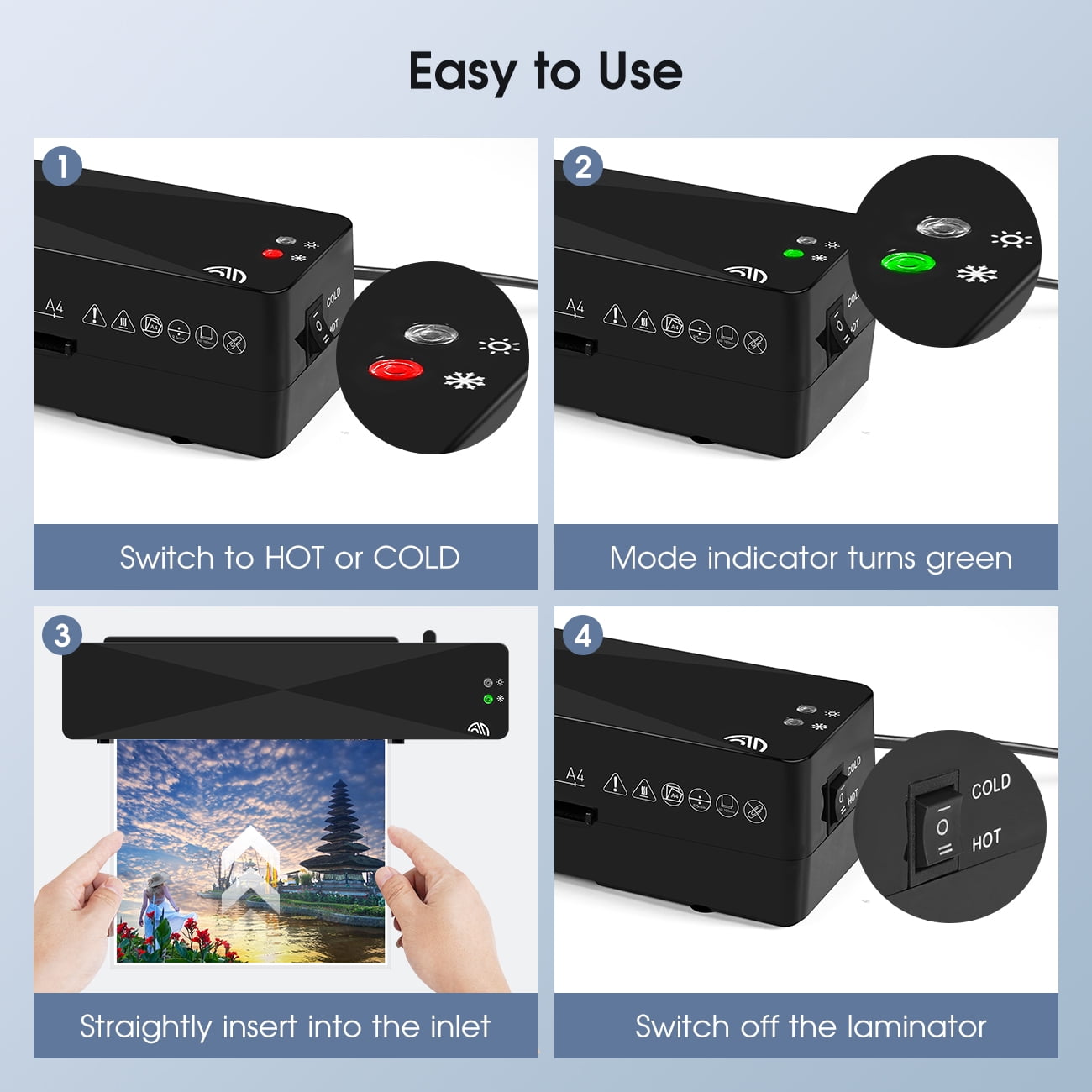 Crenova A4 Laminator Machine, Hot & Cold Mode, 9 inch Thermal Laminator with Laminating Sheets 10 Pcs, Never Jam, Black