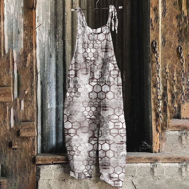 Mefallenssiah Women Printed Summer Sleeveless Pockets Backless Loose Long Playsuits Rompers Jumpsuit