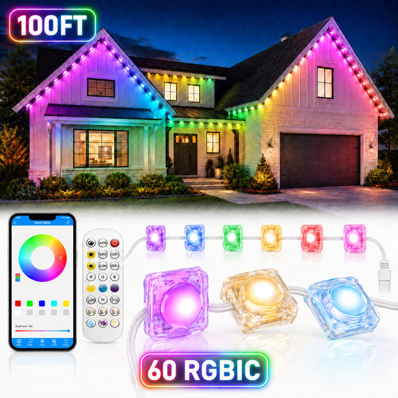 INSMART Permanent Outdoor Lights, 100FT 60 RGBIC LED Eave Lights Smart APP Remote Control, IP67 Waterproof Roof Lights for House Holiday Decor
