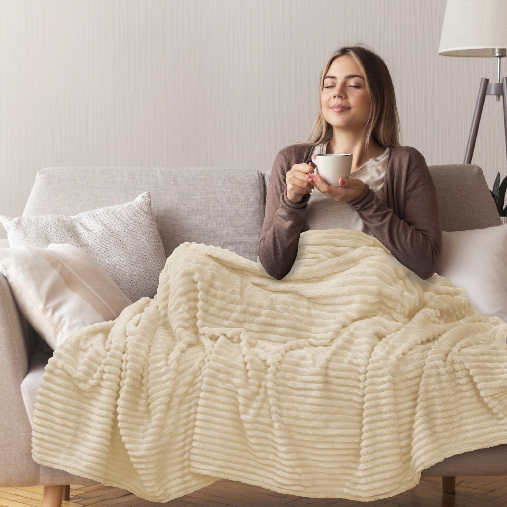 PAVILIA Super Soft Fleece Throw Blanket Cream Beige, Luxury Fuzzy Plush Flannel Throw, Warm Cozy Ribbed Microfiber Blanket for Sofa Couch Bed, Lightweight Striped Blanket, Beige, 50x60