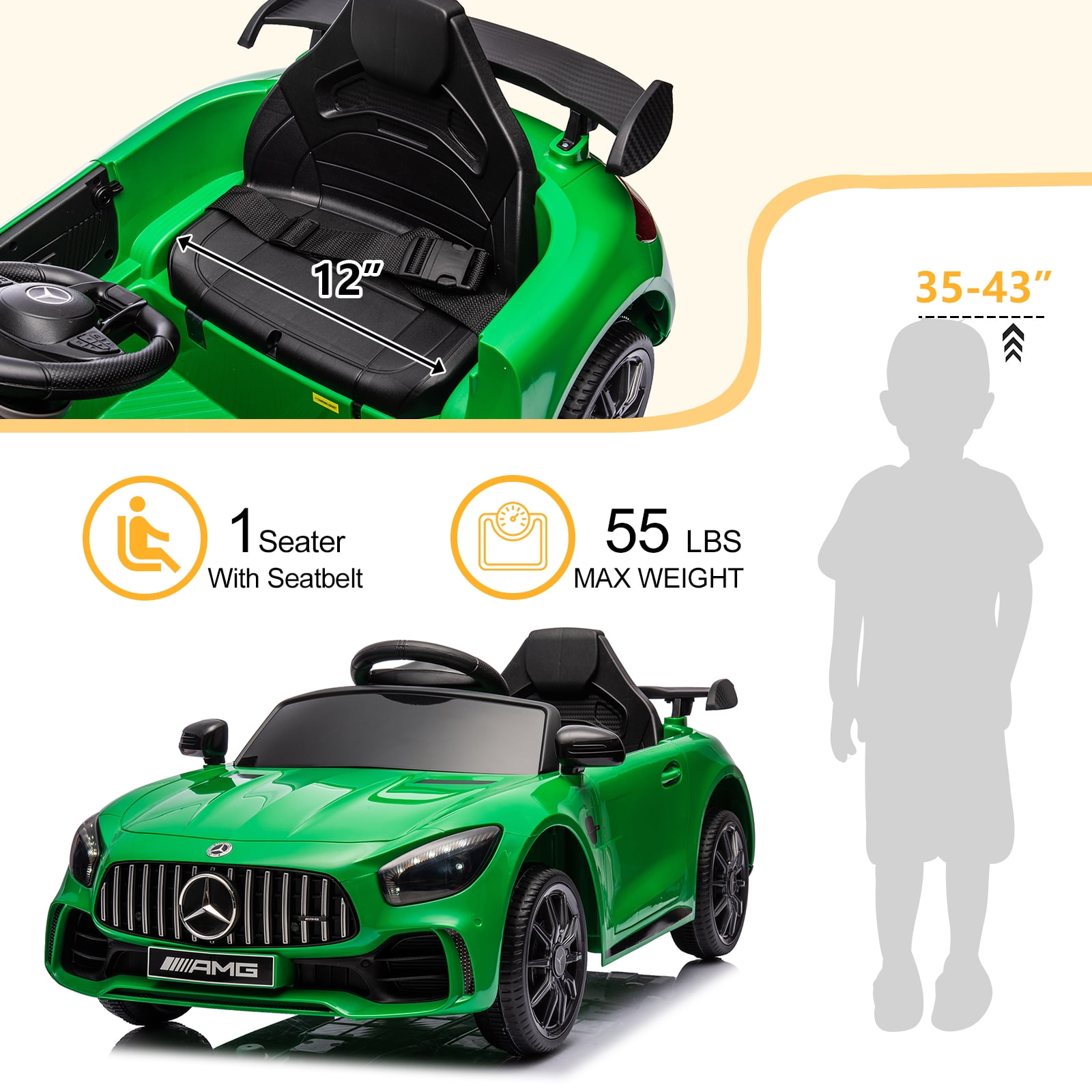 Kepooman 12V 4.5Ah Kids Police Ride On Car with 2.4G Remote Control Mercedes-Benz Sports Car, Electric Toy for Kids, Green