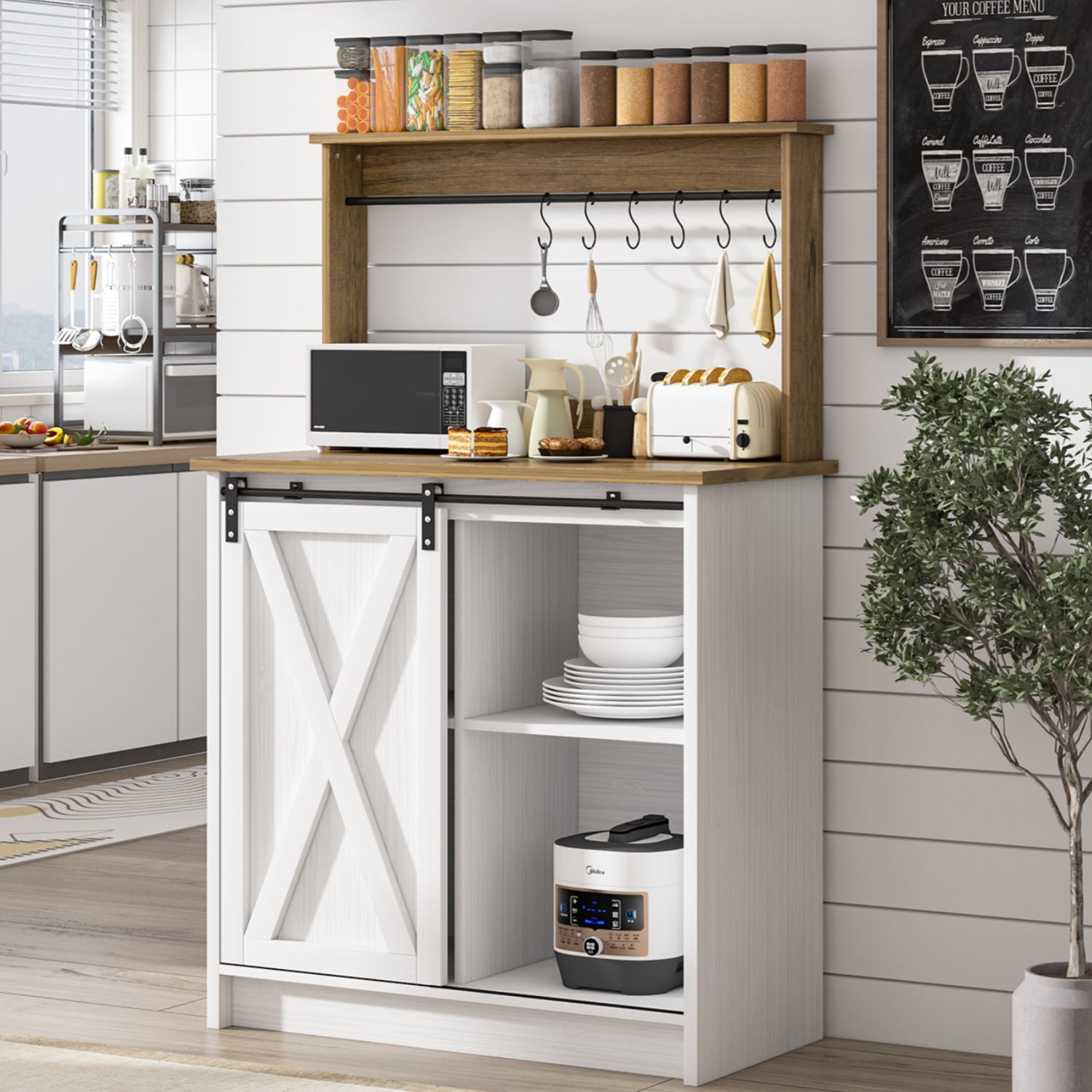 Catrimown Coffee Bar Cabinet, Barn Door Sideboard Buffet Cabinet with Storage, White